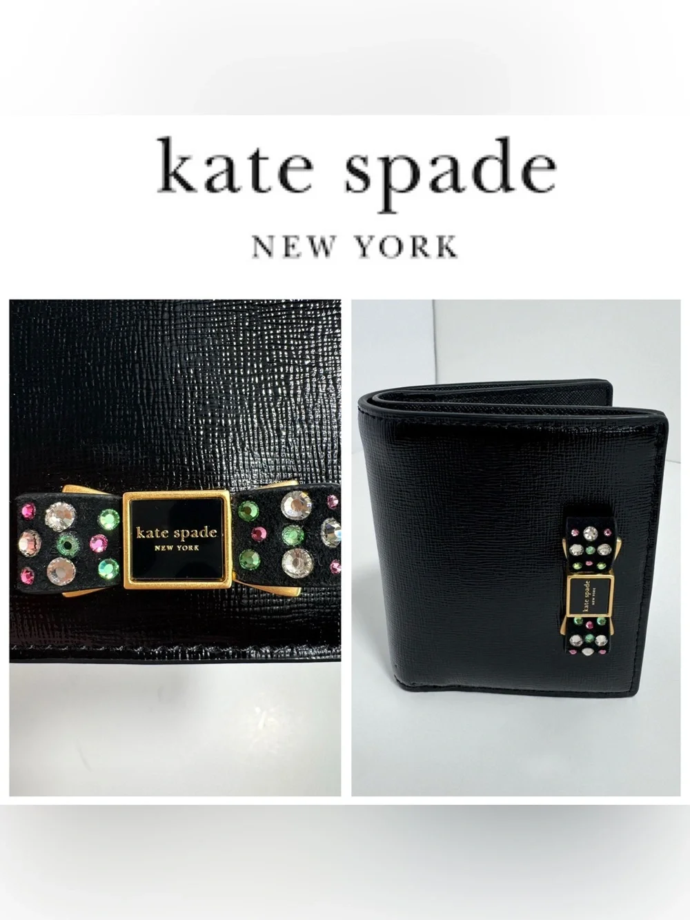 NWOT Kate Spade Morgan Bedazzled Bow Saffiano Leather Wallet Small Bifold